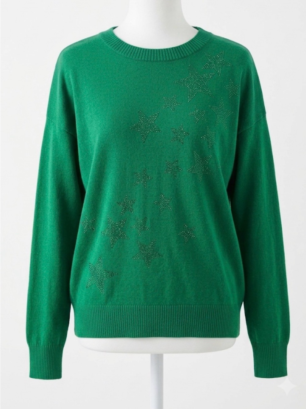 Embellished Green Crewneck Sweater with Star Accents